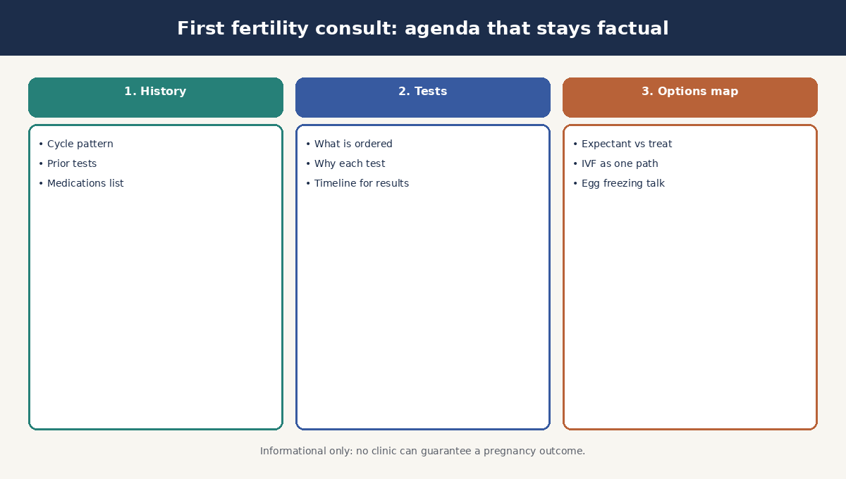 Three-step first fertility consultation agenda covering history tests and options mapping